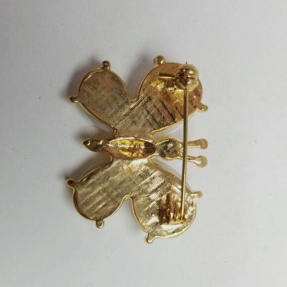 Vintage Butterfly Brooch, Faux Pearl Cabochon and Gold Tone Setting, Estate - Picture 3 of 6